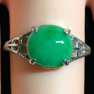 Natural Green Jadeite Cabochon Silver Ring Myanmar Jade (Type A) Loose Gem